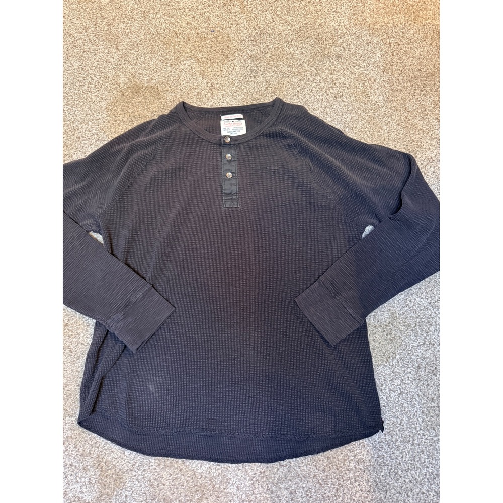 Lucky Brand Mens XL Lived In Thermal Henley Shirt Long Sleeve Waffle Knit Black